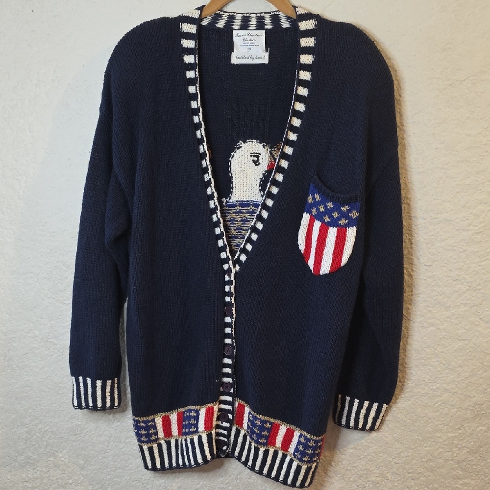 Vintage Marisa Christina Classics HAND knit Navy Cardigan with Patriotic Design
